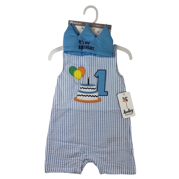Baby Starters Boys First Birthday Coverall Romper and Crown Set - Size 12M - Picture 1 of 3